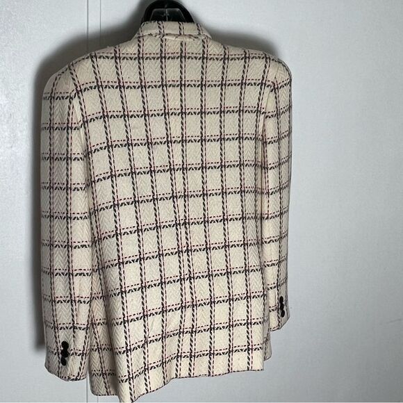 Vtg 90s Plaid Windowpane Blazer Academia Classic Ivory Navy blue Red 12 L - Picture 6 of 15